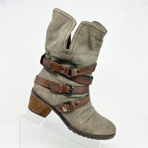 OTBT Berkshire Mid-Calf Moto Biker Heeled Boots Gray Taupe Triple Buckle 8.5